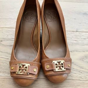 Tory Burch brown leather wedge pumps